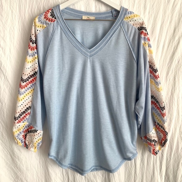 Hummingbird Blue Eyelet Lace Balloon Sleeve Top - Picture 2 of 6